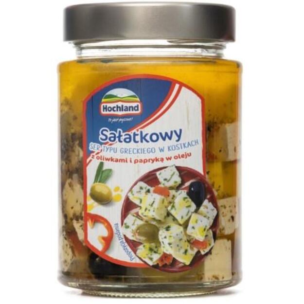 Graikinis sūryminis sūris aliejuje HOCHLAND, kubeliais, su alyvuogėmis ir paprika, 300 g