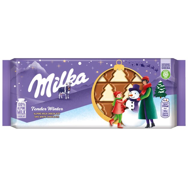 Pieninis šokoladas MILKA, iš Alpiu pieno, su  baltuoju šokoladu, 90 g