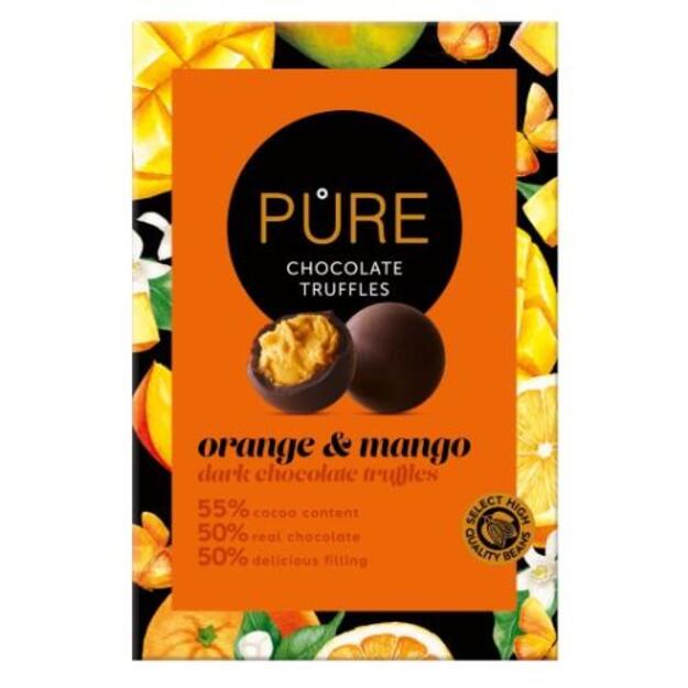 Šokoladiniai triufeliai PURE su apelsinų ir mangų kremo įdaru , 148g