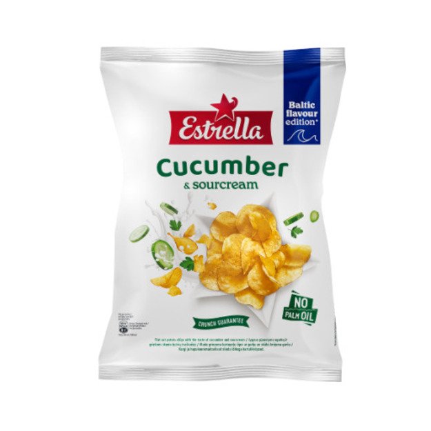 Bulvių traškučiai ESTRELLA, lygaus pjaustymo agurkų ir grietinės skonio, 170g