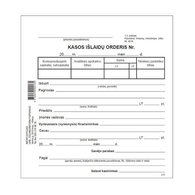 Kasos išlaidų orderis Nr. A6V, 14,5 x 15 cm 1