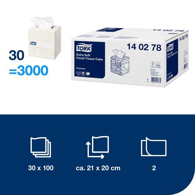 Veido servetėlės TORK Premium F1 20.8 x 20cm, baltos, 2-ply, 100vnt. pakuotėje. 3