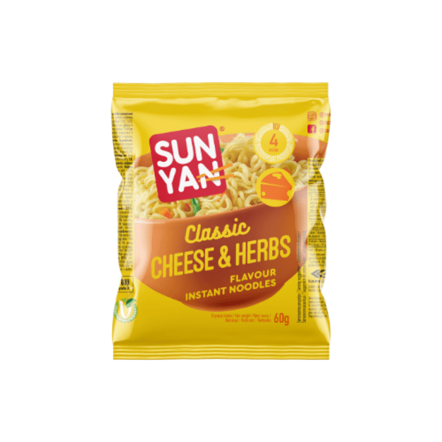 Greitai paruo&scaron;iami makaronai SUN YAN Classic su sūrio ir žolelių skonio sultiniu, pakelyje 60g