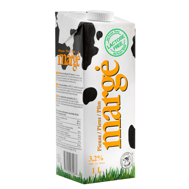 Pienas MARGĖ, be laktozės, 3,2%, UAT, 1 l 1