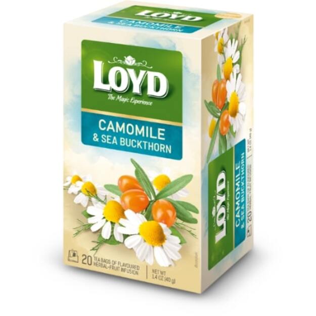Aromatizuota žolelių ir vaisių arbata LOYD, ramunėlių ir šaltalankių skonio, 20 x 2g