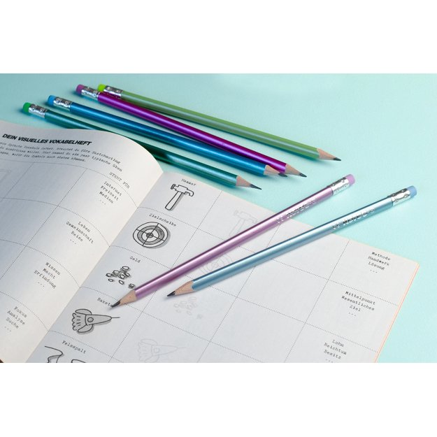 Grafitinių pieštukų rinkinys KORES GRAFITOS STYLE su trintuku, tribriauniai, HB, 6 metalizuotos spalvos 4