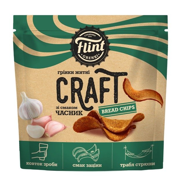 Duonos tra&scaron;kučiai FLINT, Craft, vingiuoti, česnakų skonio, 80 g