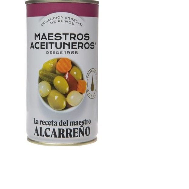 Žalios alyvuogės MAESTROS ACEITUNEROS, su raudonaisiais čili pipi., agurk., mork., svog., 350g/185 g