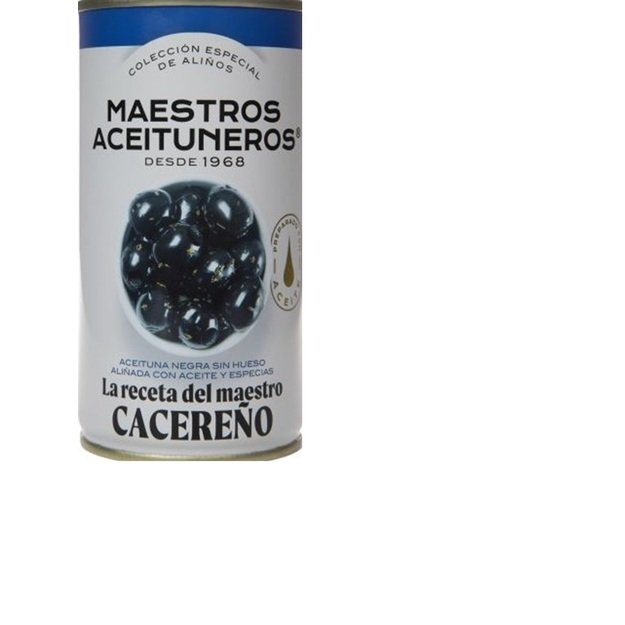 Didelės juodosios alyvuogės be kauliukų MAESTROS ACEITUNEROS, su aliejumi ir prieskoniais, 320/150 g