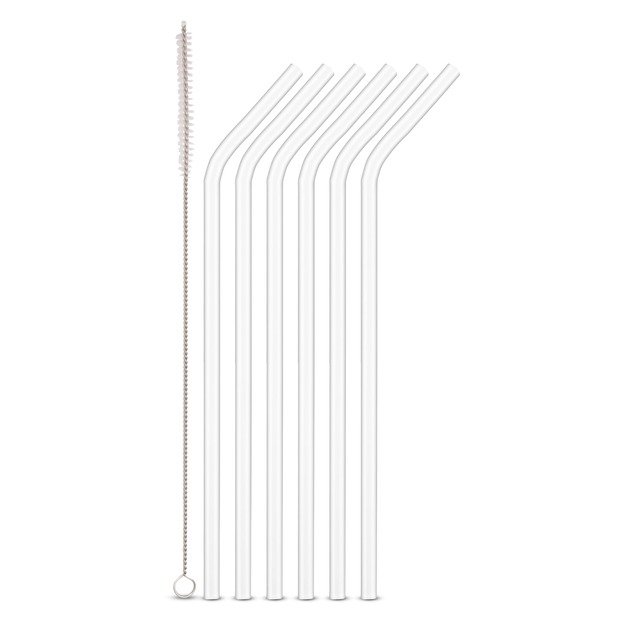 Šiaudeliai Glass, su šepetėliu, lenkti, borosilikatinis stiklas, D 8 mm, L 24 cm, 6 vnt