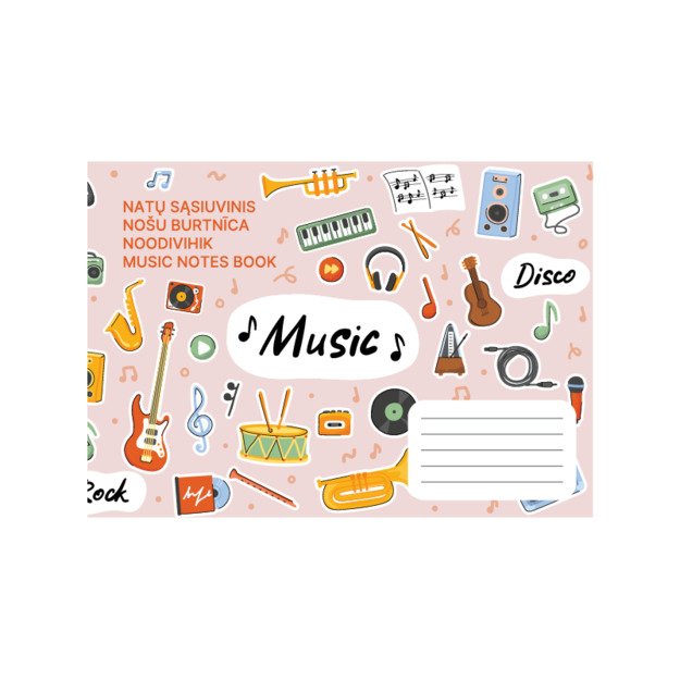 Muzikos natų sąsiuvinis, A5, Vidinių lapų gramatūra – 70 g/m2.