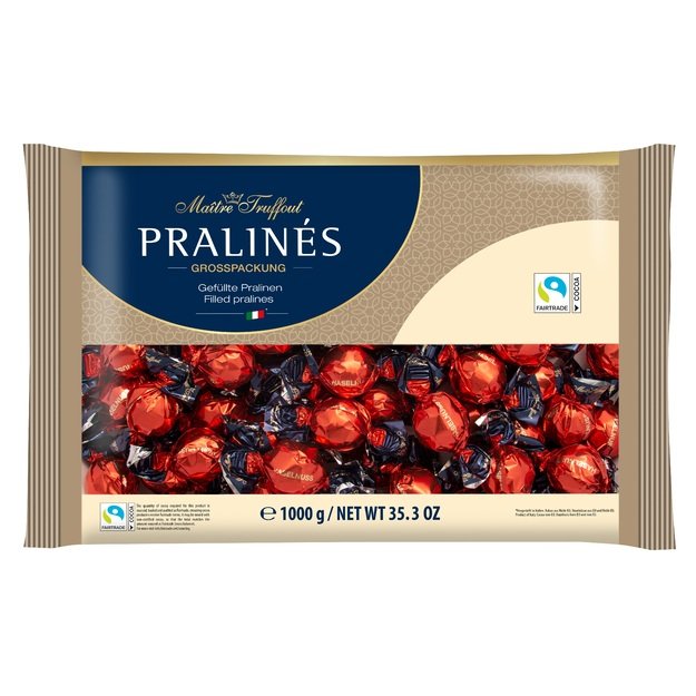 Šokoladiniai saldainiai PRALINES, red/gold, su lazdyno riešutų kremu, 1 kg