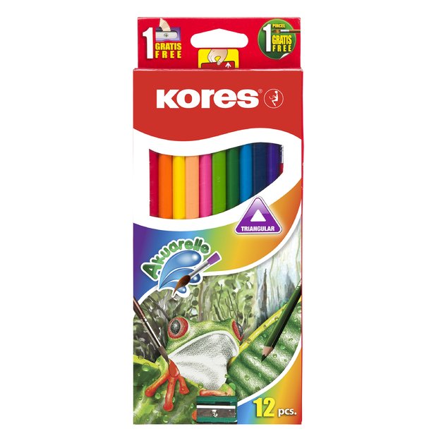 Spalvoti pieštukai KORES, tribriauniai, akvareliniai, 12 vnt. + teptukas ir drožtukas 1