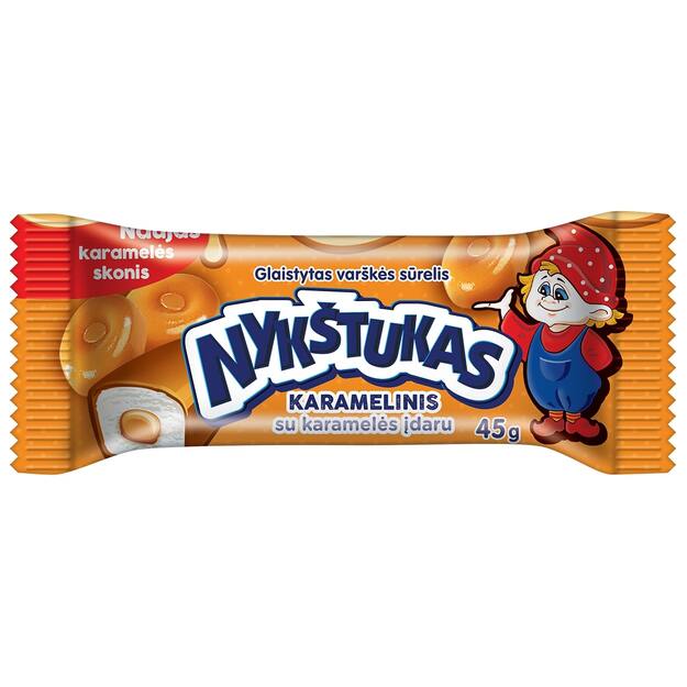 Varškės sūrelis NYKŠTUKAS su karamelės įdaru karameliniu glaistu,21% rieb.  45g