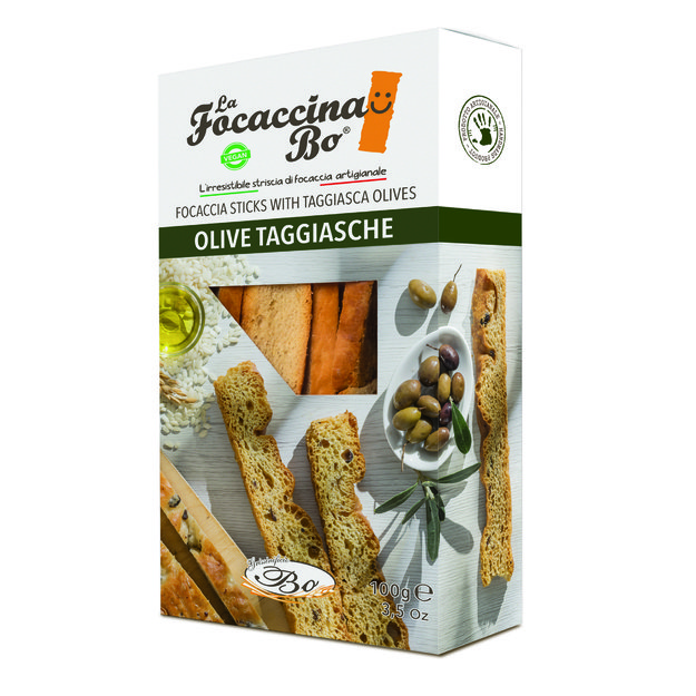 Duonos lazdelės FOCACCINA, Olive Taggiasche, su alyvuogėmis, ryžių aliejumi, 100 g