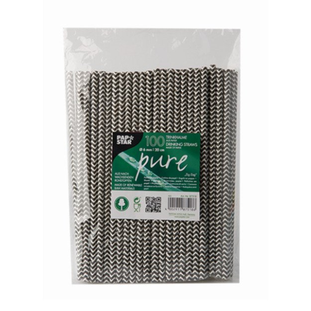 &Scaron;iaudeliai, popieriniai PURE, Zig Zag, juodi-dryžuoti, D 6 mm, 20 cm., 100 vnt