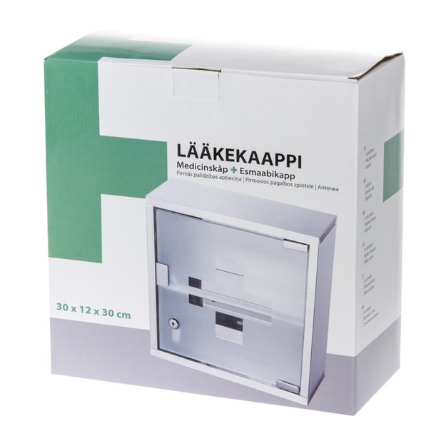 Metalinė pirmosios pagalbos spintelė su stiklinėmis durelėmis, pilka sp. 1