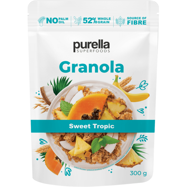 Granola PURELLA, su bananais, ananasais, kokosais ir papajomis, 300 g