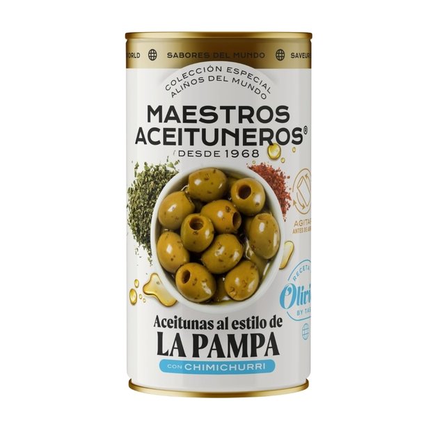 Žalios be kauliukų alyvuogės MAESTROS ACEITUNEROS, &bdquo;Pampa&ldquo; skonio, su čimičiuri padažu, 320/150 g