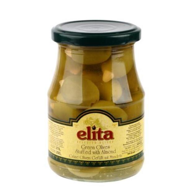 Alyvuogės ELITA žaliosios, su migdolų įdaru, L dydis, 370 g/ 200 g