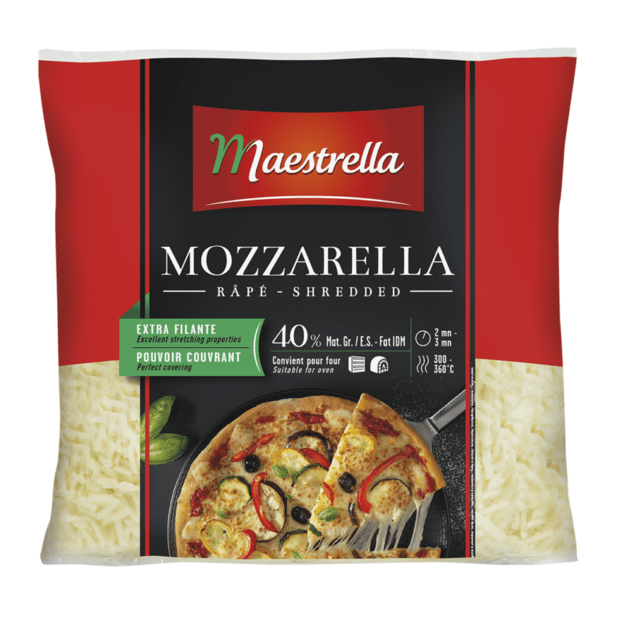 Sūris Mozzarella MAESTRELLA, tarkuotas &scaron;iaudeliais, 40% RSM, 2,5 kg