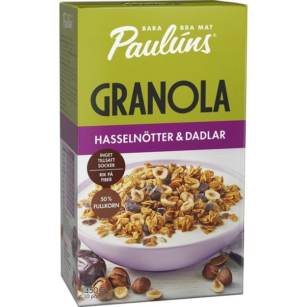 Granola PAULUNS, su lazdyno rie&scaron;utais, ir datulemis, 450 g