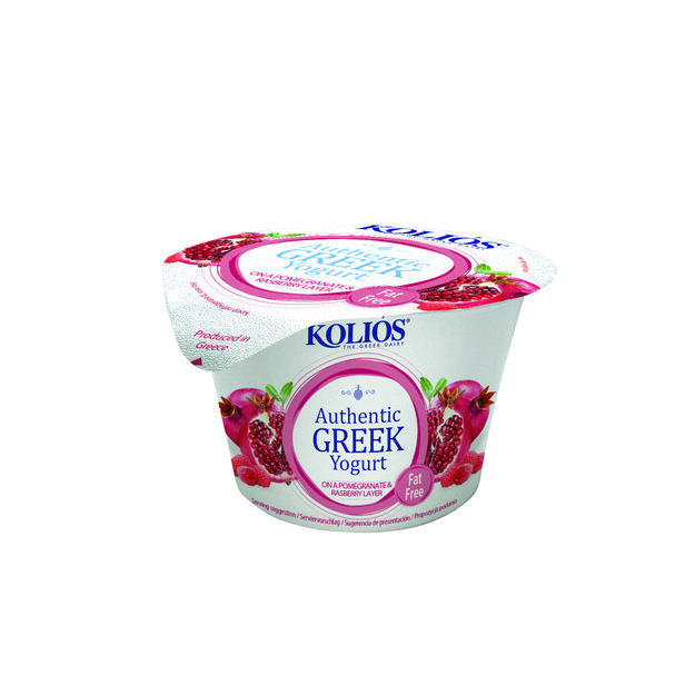 Graiki&scaron;kas jogurtas KOLIOS, autenti&scaron;kas, 0%, su avietėmis ir granatų sultimis, 150 g