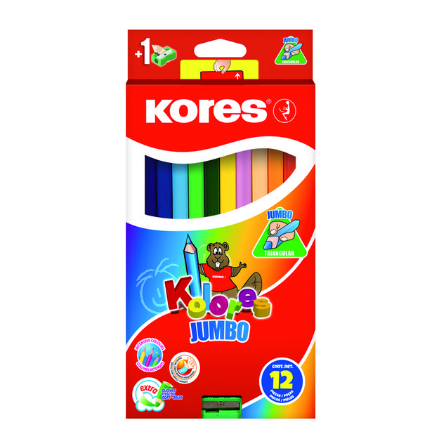 Spalvoti trikampiai pieštukai KORES JUMBO, 12 spalvų su drožtuku 1