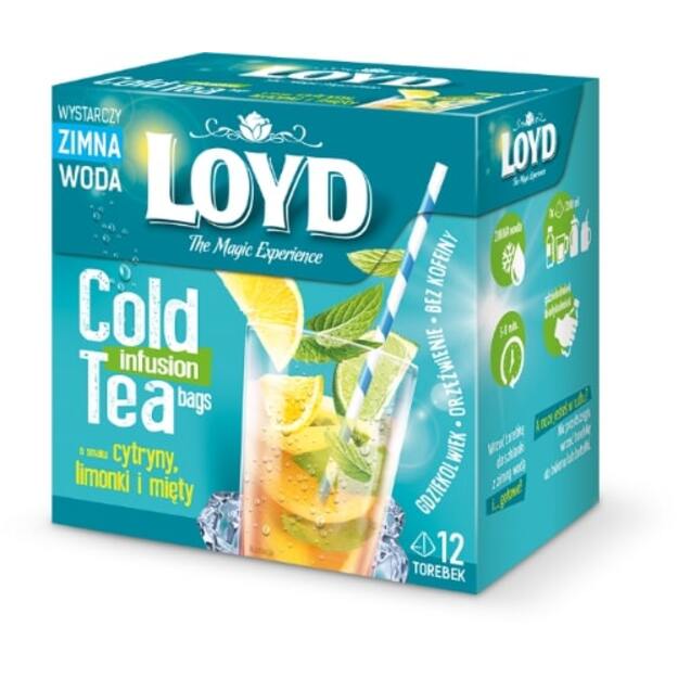 Arbata LOYD Cold Infusion, citrinų, žaliųjų citinų ir mėtų skonio, 12 x 2,5 g