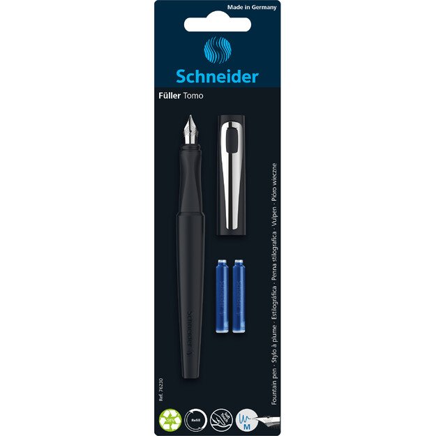 Plunksnakotis SCHNEIDER Tomo M, plastikinis matinis įvairių spalvų korpusas,  tinka dešiniarankiams ir kairiarankiams, blisteryje