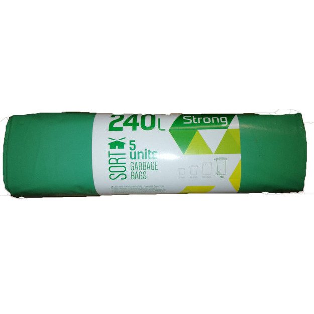 Šiukšlių maišai, LDPE, 240 l, 50 mk, 120 x 90 cm, tvirti, žali, 5 vnt. 1