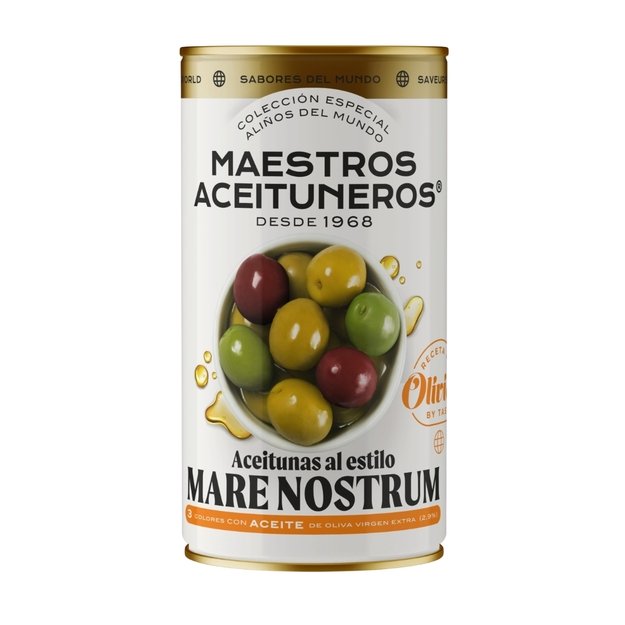 Žaliosios ir juodosios alyvuogės su kauliukais MAESTROS ACEITUNEROS, &bdquo;Mare Nostrum&ldquo; skonio, 350/185