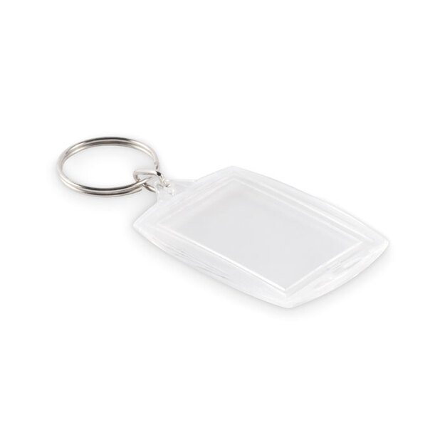 Klasikinis akrilinis raktų pakabukas su popieriniu įdėklu. Vidiniai matmenys - 4,1 x 2,7 cm