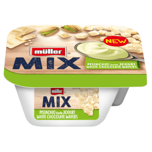 Jogurtas M&Uuml;LLER MIX pistacijų skonio su &scaron;okoladiniais vafliais 130g 7,2%