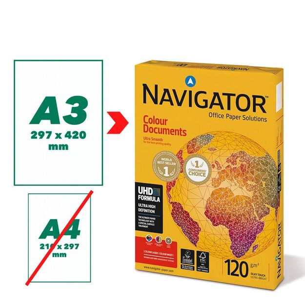 Biuro popierius NAVIGATOR COLOUR DOCUMENTS, A3, 120 g/m2, 500 lapų 1