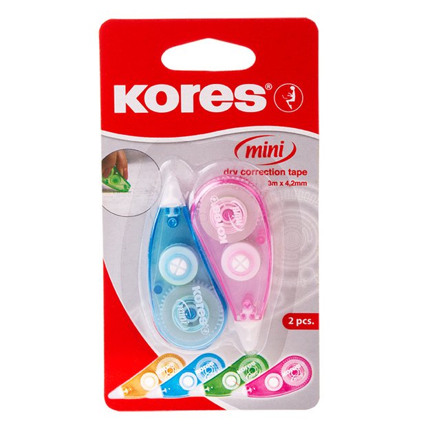 Korekcinė juostelė KORES MINI, 4,2 mm x 3 m, 2 vienetai, spalvoti korpusai 2