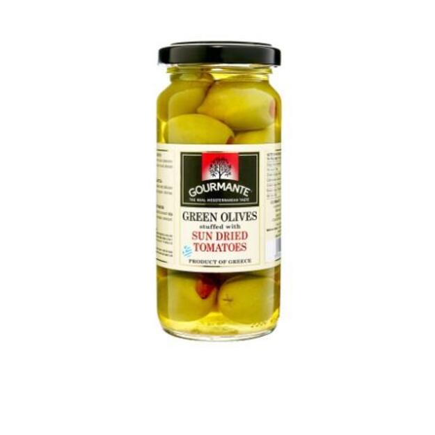 Žaliosios alyvuogės GOURMANTE, įdarytos saulėje džiovintais pomidorais, sūryme, 227 g/127 g