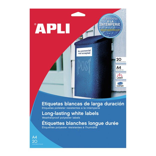 Lipnios etiketės APLI, 64,6 x 33,8 mm, A4, atsparūs, 24 lipdukai lape, 20 lapų, balta 1