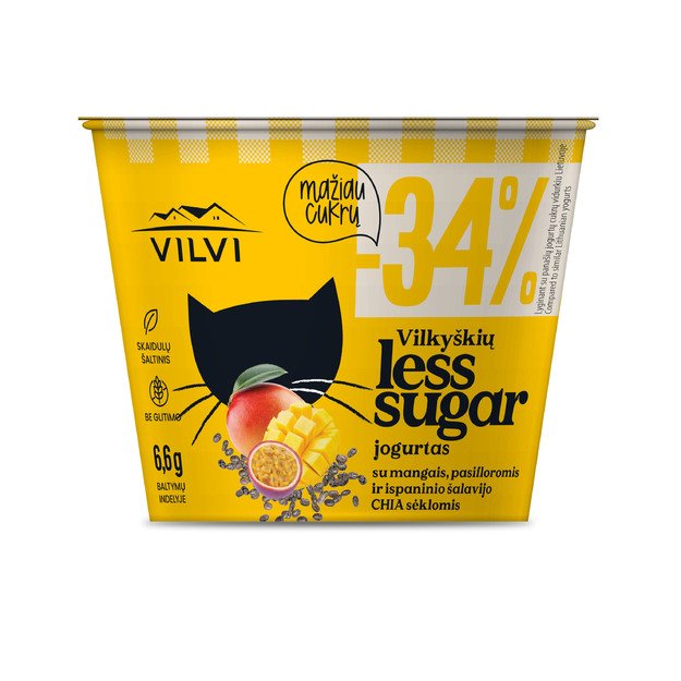 Jogurtas VILKYŠKIŲ LESS SUGAR su mangais, pasifloromis ir ispaninio šalavijo chia sėklomis 3,7% 200g