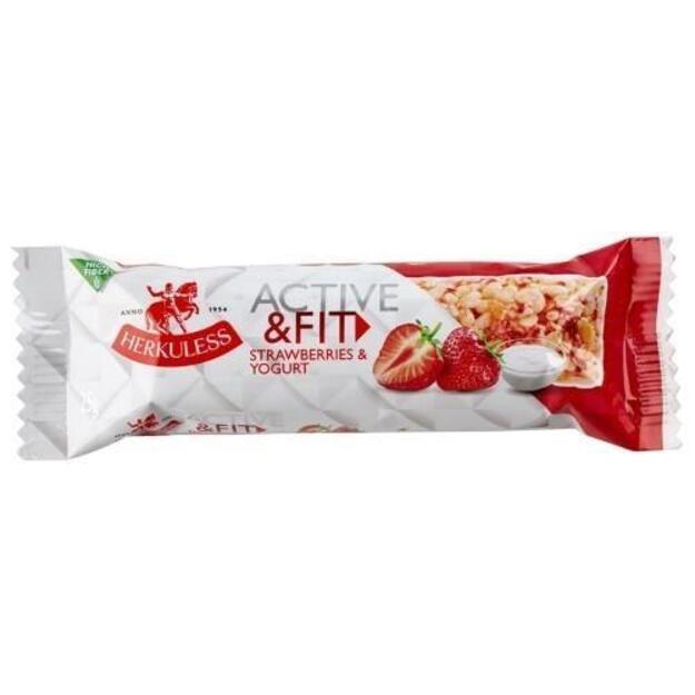 Javainių batonėlis HERKULESS Active&Fit, su braškėmis ir jogurtu, 25 g