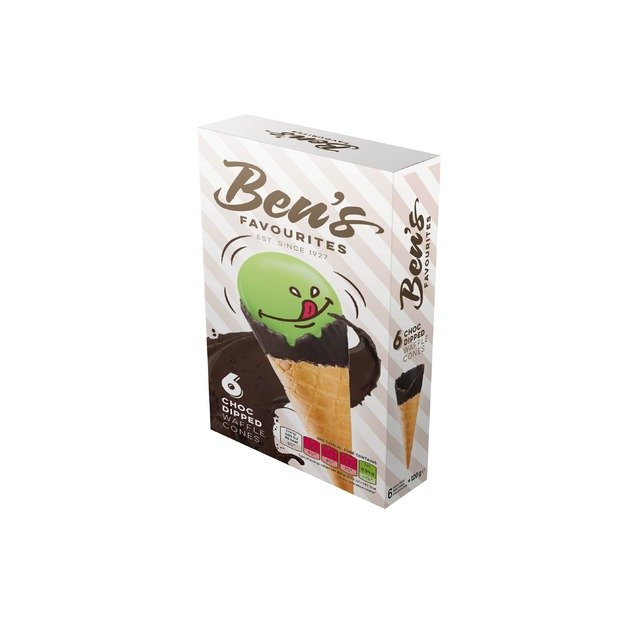 Vaflių kūgeliai BEN S FAVOURITES, su vanilės skonio &scaron;okolado glaistu, 6vnt, 120 g