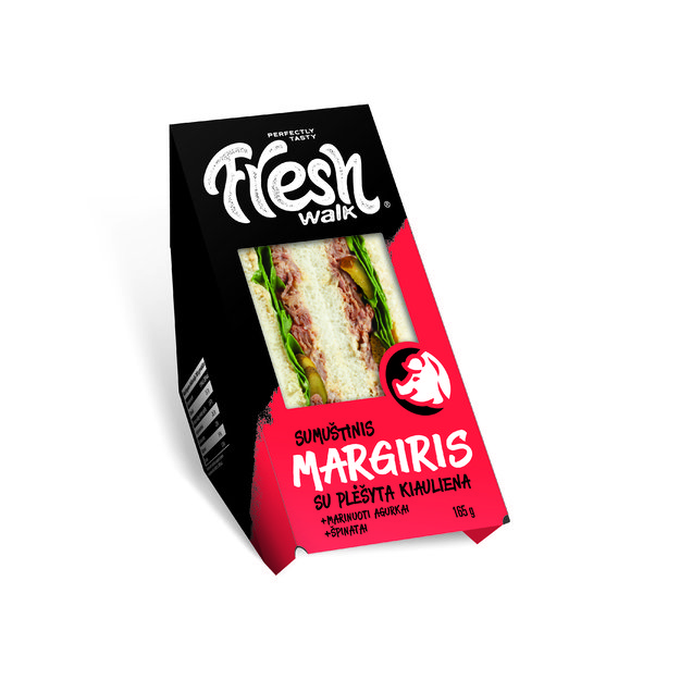 Trikampis sumuštinis MARGIRIS, su plėšyta kiauliena, marinuotais agurkais, špinatais, 165g