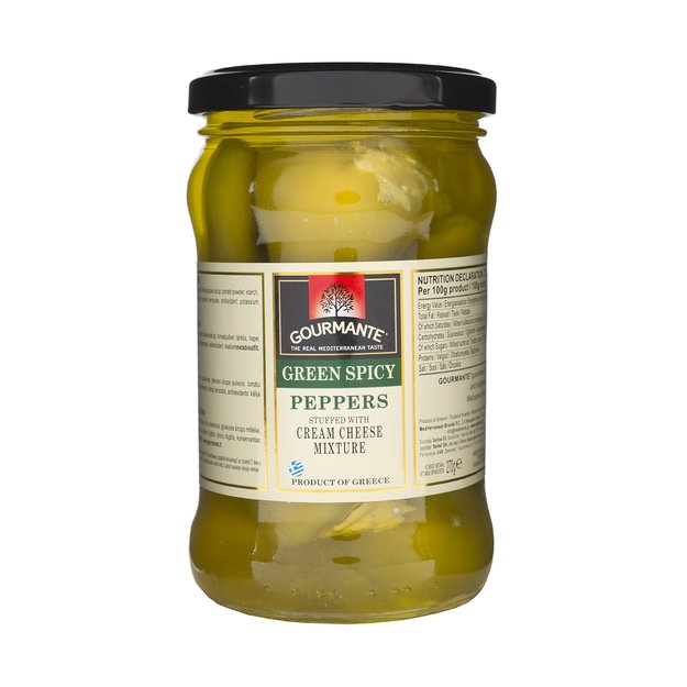Žalieji, a&scaron;trūs pipirai GOURMANTE, įdaryti grietinėlės ir sūrio mi&scaron;iniu, 270g