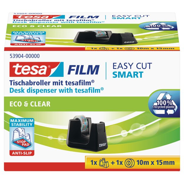 Stalinis lipnios juostelės dėklas TESA Easy Cut Smart su Tesafilm ekologi&scaron;ka ir skaidria juostele, 15mm x 10m 1