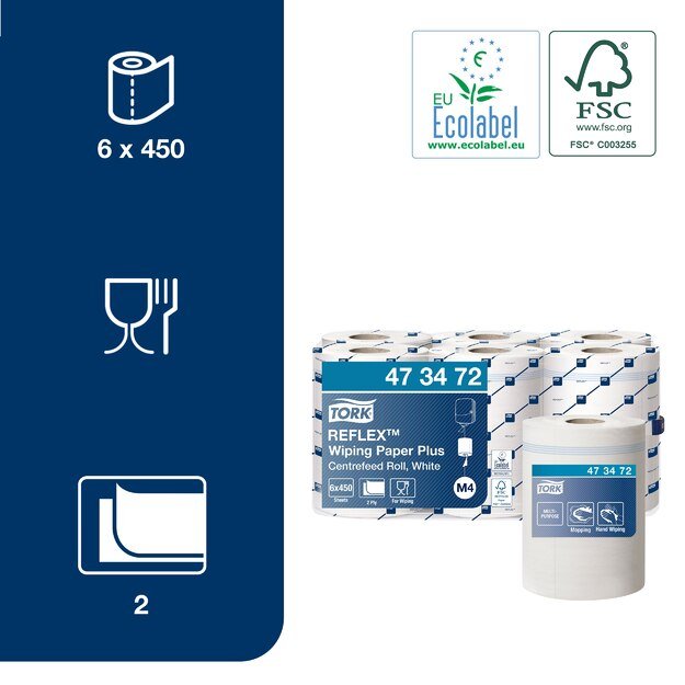 Popieriniai rankšluosčiai TORK, 473472, Reflex M4, 2 sl., 19.4 x 33.5 cm, 151 m/rul., balta sp. 3