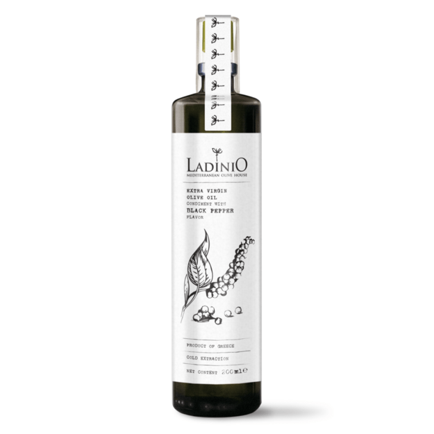 Pur&scaron;kiamas alyvuogių aliejus LADINIO Extra Virgin, su juodaisiais pipirais, 200 ml