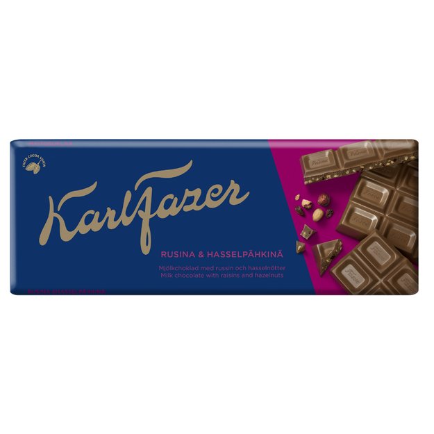Pieninis &scaron;okoladas KARL FAZER, su razinomis ir rie&scaron;utais, 180 g