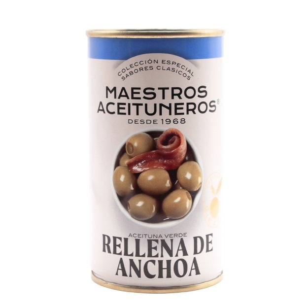 Žaliosios alyvuogės MAESTROS ACEITUNEROS, įdarytos ančiuvių filė, 350 /150 g
