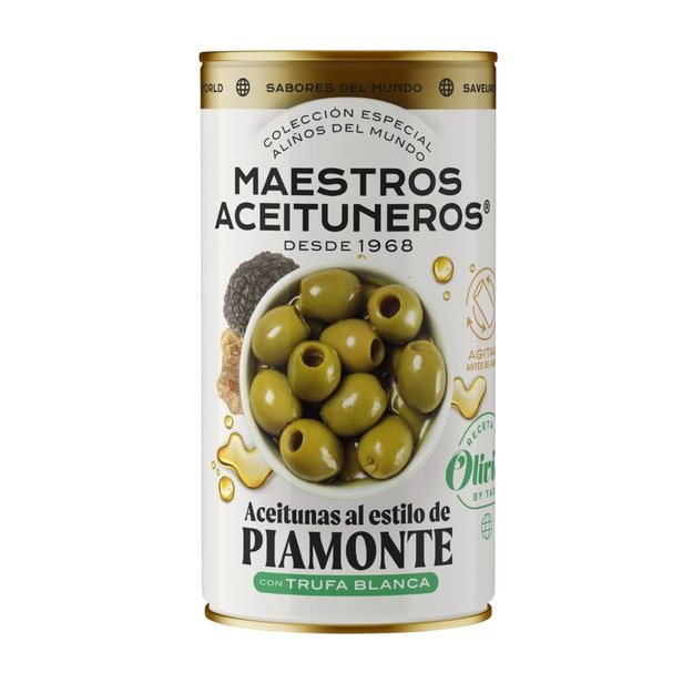Žalios be kauliukų alyvuogės MAESTROS ACEITUNEROS, &bdquo;Piamonte&ldquo; su baltųju trumų skoniu, 320/150 g