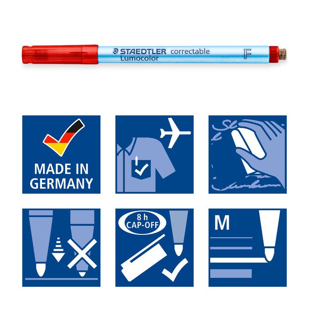 Sauso valymo koreguojamasis žymeklis STAEDTLER Lumocolor F, 0,6 mm brėžis, raudona sp. 3